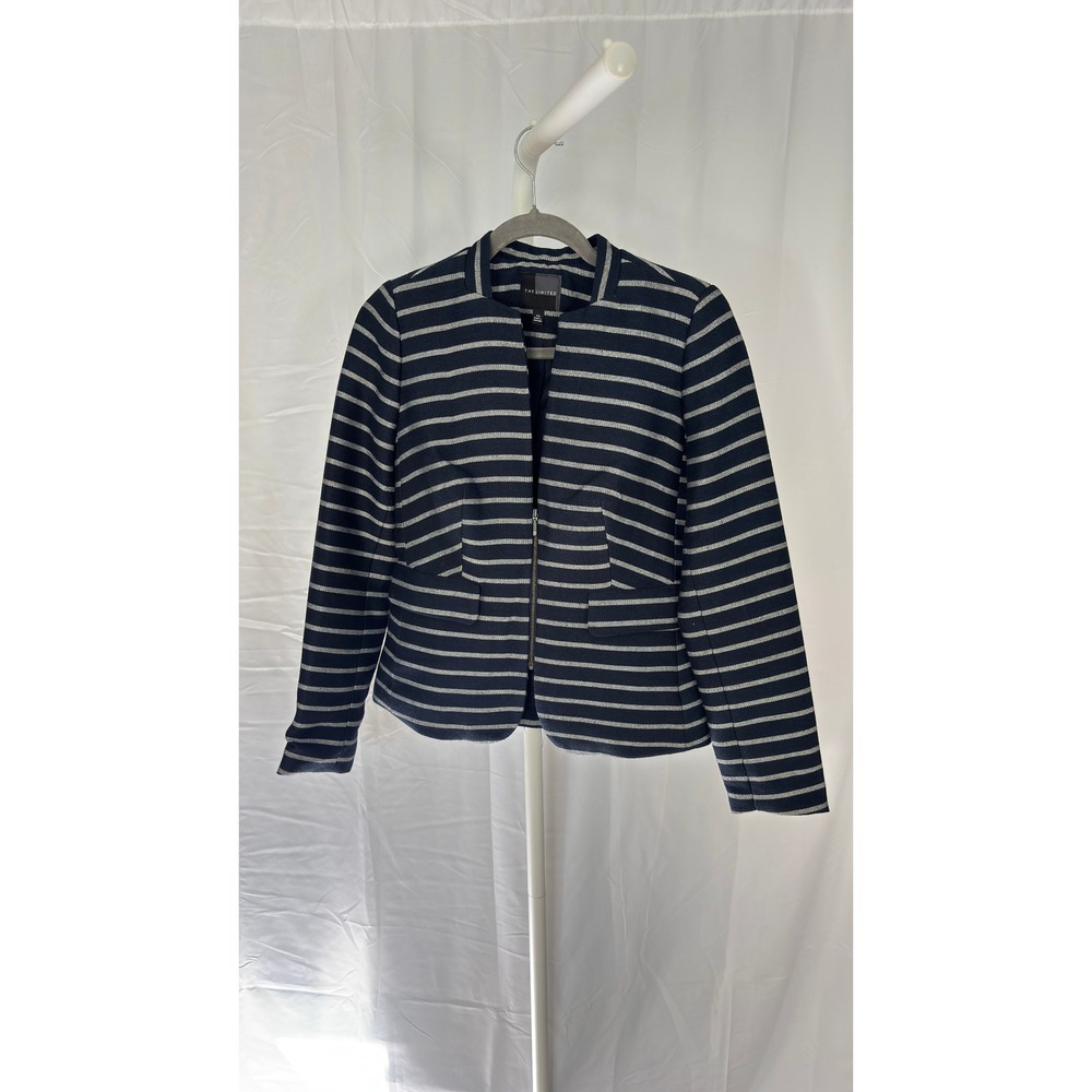 The Limited Striped Blazer Jacket Women's XS Zipper Front Collarless Navy White‎